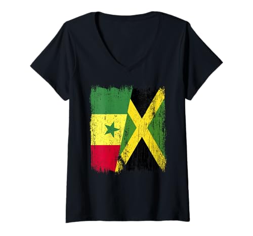 Damen Senegal, Jamaika, halbe Flagge, senegalesisches Jamaikanisches Erbe T-Shirt mit V-Ausschnitt Damen Senegal, Jamaika, halbe Flagge, senegalesisches Jamaikanisches Erbe T-Shirt mit V-Ausschnitt von Jamaica Flag Designs Proud Jamaican Roots