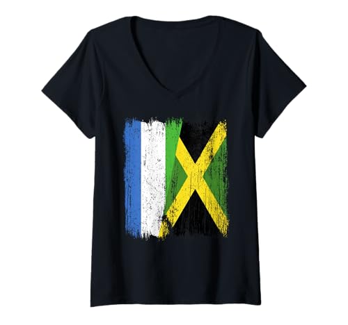 Damen Sierra Leone Jamaika Halbflagge Sierra Leonean Jamaikanisch T-Shirt mit V-Ausschnitt Damen Sierra Leone Jamaika Halbflagge Sierra Leonean Jamaikanisch T-Shirt mit V-Ausschnitt von Jamaica Flag Designs Proud Jamaican Roots