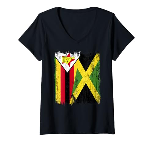 Damen Simbabwe Jamaika Halbflagge Simbawan Jamaikanisches Erbe T-Shirt mit V-Ausschnitt von Jamaica Flag Designs Proud Jamaican Roots