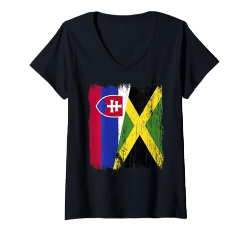 Damen Slowakei, Jamaika, halbe Flagge, slowakisches Jamaika-Erbe T-Shirt mit V-Ausschnitt von Jamaica Flag Designs Proud Jamaican Roots