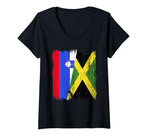 Damen Slowenien, Jamaika, halbe Flagge, slowenisches Jamaika-Erbe T-Shirt mit V-Ausschnitt Damen Slowenien, Jamaika, halbe Flagge, slowenisches Jamaika-Erbe T-Shirt mit V-Ausschnitt von Jamaica Flag Designs Proud Jamaican Roots