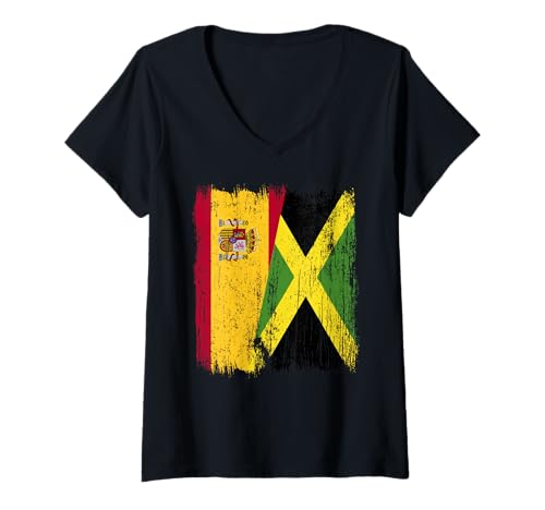 Damen Spanien, Jamaika, halbe Flagge, spanisches Jamaika-Erbe T-Shirt mit V-Ausschnitt von Jamaica Flag Designs Proud Jamaican Roots