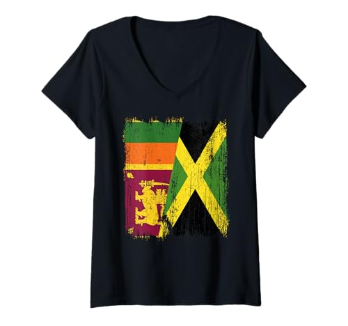 Damen Sri Lanka Jamaika Halbflagge Sri Lanka Jamaikanisches Erbe T-Shirt mit V-Ausschnitt von Jamaica Flag Designs Proud Jamaican Roots