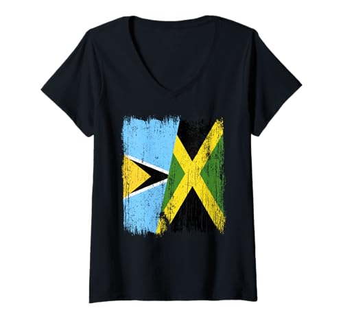 Damen St. Lucia Jamaika halbe Flagge St. Lucian Jamaikanisches Erbe T-Shirt mit V-Ausschnitt von Jamaica Flag Designs Proud Jamaican Roots