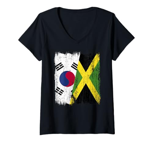 Damen Südkorea, Jamaika, halbe Flagge, koreanisch, jamaikanisches Erbe T-Shirt mit V-Ausschnitt Damen Südkorea, Jamaika, halbe Flagge, koreanisch, jamaikanisches Erbe T-Shirt mit V-Ausschnitt von Jamaica Flag Designs Proud Jamaican Roots