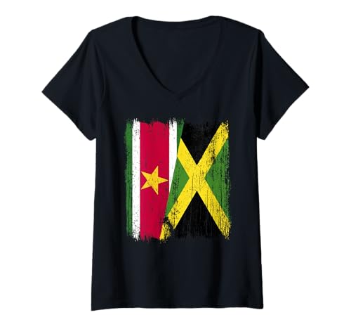 Damen Suriname Jamaika halbe Flagge Surinamesisches jamaikanisches Erbe T-Shirt mit V-Ausschnitt Damen Suriname Jamaika halbe Flagge Surinamesisches jamaikanisches Erbe T-Shirt mit V-Ausschnitt von Jamaica Flag Designs Proud Jamaican Roots