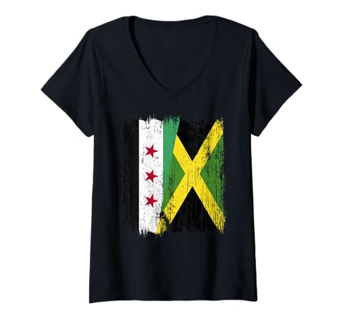 Damen Syrien, Jamaika, halbe Flagge, syrisches, jamaikanisches Erbe T-Shirt mit V-Ausschnitt Damen Syrien, Jamaika, halbe Flagge, syrisches, jamaikanisches Erbe T-Shirt mit V-Ausschnitt von Jamaica Flag Designs Proud Jamaican Roots