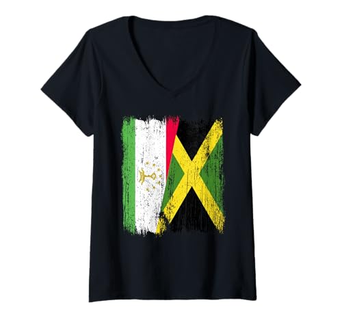 Damen Tadschikistan, Jamaika, halbe Flagge, tadschikisches Jamaikanisches Erbe T-Shirt mit V-Ausschnitt Damen Tadschikistan, Jamaika, halbe Flagge, tadschikisches Jamaikanisches Erbe T-Shirt mit V-Ausschnitt von Jamaica Flag Designs Proud Jamaican Roots