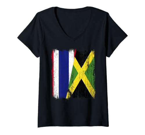 Damen Thailand Jamaika Halbflagge Thai Jamaikanisches Erbe T-Shirt mit V-Ausschnitt von Jamaica Flag Designs Proud Jamaican Roots