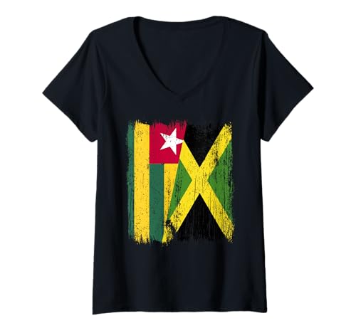 Damen Togo Jamaika Halbflagge Togolesisches Jamaikanisches Erbe T-Shirt mit V-Ausschnitt von Jamaica Flag Designs Proud Jamaican Roots