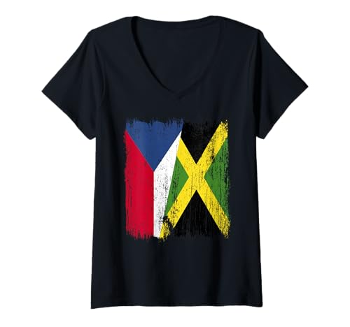 Damen Tschechische Republik Jamaika Halbflagge Tschechien Jamaikanisches Erbe T-Shirt mit V-Ausschnitt Damen Tschechische Republik Jamaika Halbflagge Tschechien Jamaikanisches Erbe T-Shirt mit V-Ausschnitt von Jamaica Flag Designs Proud Jamaican Roots