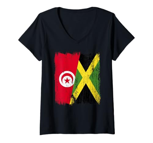 Damen Tunesien, Jamaika, halbe Flagge, tunesisches Jamaikanisches Erbe T-Shirt mit V-Ausschnitt Damen Tunesien, Jamaika, halbe Flagge, tunesisches Jamaikanisches Erbe T-Shirt mit V-Ausschnitt von Jamaica Flag Designs Proud Jamaican Roots