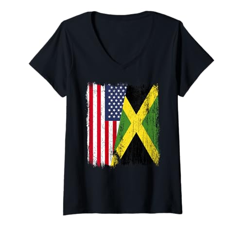 Damen USA Jamaika Halbflagge American Jamaican Heritage T-Shirt mit V-Ausschnitt Damen USA Jamaika Halbflagge American Jamaican Heritage T-Shirt mit V-Ausschnitt von Jamaica Flag Designs Proud Jamaican Roots