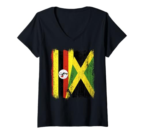 Damen Uganda Jamaika Halbflagge Ugandisches Jamaikanisches Erbe T-Shirt mit V-Ausschnitt Damen Uganda Jamaika Halbflagge Ugandisches Jamaikanisches Erbe T-Shirt mit V-Ausschnitt von Jamaica Flag Designs Proud Jamaican Roots