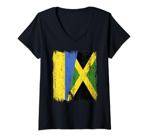 Damen Ukraine Jamaika halbe Flagge Ukrainisches jamaikanisches Erbe T-Shirt mit V-Ausschnitt Damen Ukraine Jamaika halbe Flagge Ukrainisches jamaikanisches Erbe T-Shirt mit V-Ausschnitt von Jamaica Flag Designs Proud Jamaican Roots