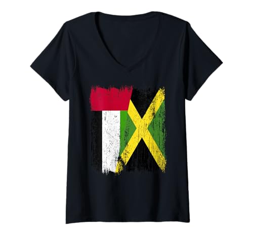 Damen VAE Jamaika Halbflagge Emirati Jamaikanisches Erbe T-Shirt mit V-Ausschnitt von Jamaica Flag Designs Proud Jamaican Roots