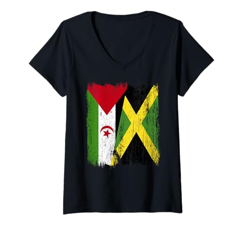 Damen Westsahara, Jamaika, halbe Flagge, Sahrawi, Jamaikanisches Erbe T-Shirt mit V-Ausschnitt Damen Westsahara, Jamaika, halbe Flagge, Sahrawi, Jamaikanisches Erbe T-Shirt mit V-Ausschnitt von Jamaica Flag Designs Proud Jamaican Roots
