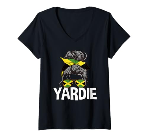 Damen Yardie Jamaica Girl Unordentlicher Haarbrötchen Jamaican Woman Pride T-Shirt mit V-Ausschnitt von Jamaica Flag Designs Proud Jamaican Roots