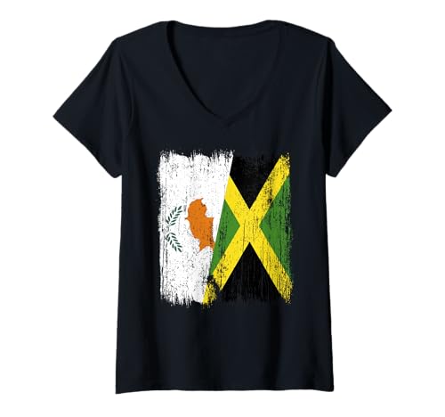 Damen Zypern, Jamaika, halbe Flagge, zyprisches Jamaika-Erbe T-Shirt mit V-Ausschnitt von Jamaica Flag Designs Proud Jamaican Roots