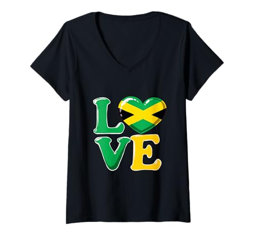 Damen Jamaika-Flagge, Herz, Liebe, Jamaika-Flagge T-Shirt mit V-Ausschnitt Damen Jamaika-Flagge, Herz, Liebe, Jamaika-Flagge T-Shirt mit V-Ausschnitt von Jamaica Love Designs