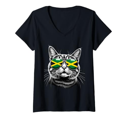 Damen Jamaika-Flagge, Katzengesicht, Sonnenbrille, Jamaika-Flagge T-Shirt mit V-Ausschnitt Damen Jamaika-Flagge, Katzengesicht, Sonnenbrille, Jamaika-Flagge T-Shirt mit V-Ausschnitt von Jamaican Flag Designs