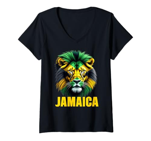 Damen Jamaika-Flagge, Löwen-Design, schöne Jamaika-Flagge T-Shirt mit V-Ausschnitt von Jamaican Flag Designs