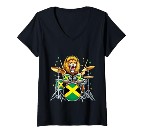 Damen Jamaikanische Flagge Löwe spielt Trommeln Jamaika Flagge T-Shirt mit V-Ausschnitt Damen Jamaikanische Flagge Löwe spielt Trommeln Jamaika Flagge T-Shirt mit V-Ausschnitt von Jamaican Flag Designs