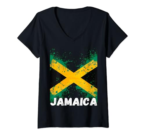 Damen Jamaika Retro Flagge T-Shirt mit V-Ausschnitt von Jamaican Gifts