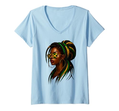 Damen Jamaikanische Afro Black Woman Jamaika Flagge Mädchen Messy Bun Pride T-Shirt mit V-Ausschnitt Damen Jamaikanische Afro Black Woman Jamaika Flagge Mädchen Messy Bun Pride T-Shirt mit V-Ausschnitt von Jamaican Girl Flag Jamaica Travel Vacation Apparel