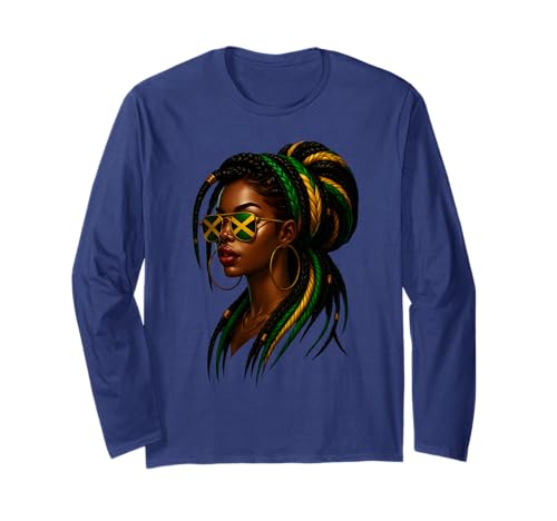 Jamaikanische Afro Black Woman Jamaika Flagge Mädchen Messy Bun Pride Langarmshirt Jamaikanische Afro Black Woman Jamaika Flagge Mädchen Messy Bun Pride Langarmshirt von Jamaican Girl Flag Jamaica Travel Vacation Apparel