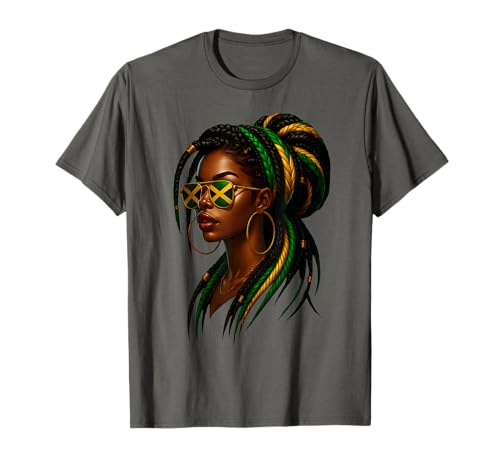 Jamaikanische Afro Black Woman Jamaika Flagge Mädchen Messy Bun Pride T-Shirt Jamaikanische Afro Black Woman Jamaika Flagge Mädchen Messy Bun Pride T-Shirt von Jamaican Girl Flag Jamaica Travel Vacation Apparel