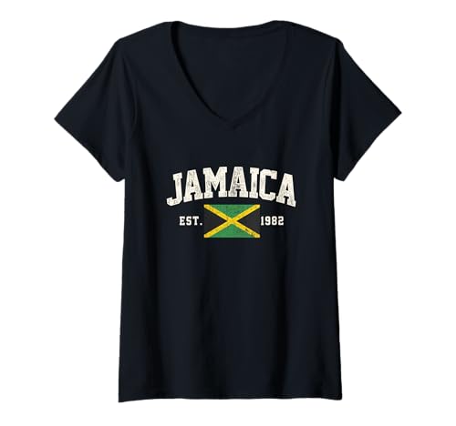 Damen Kingston Jamaica Est 1962 Vintage Jersey Style Souvenir T-Shirt mit V-Ausschnitt Damen Kingston Jamaica Est 1962 Vintage Jersey Style Souvenir T-Shirt mit V-Ausschnitt von Jamaican University