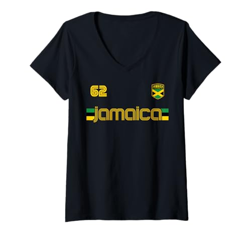 Damen Jamaika Flagge Retro Reggae-Trikot jamaikanisches T-Shirt mit V-Ausschnitt Damen Jamaika Flagge Retro Reggae-Trikot jamaikanisches T-Shirt mit V-Ausschnitt von Jamaika-Sportbekleidung für Herren und Damen