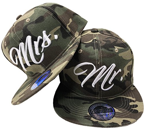 JameStyle26 Mr. & Mrs. Snapback Set USA Cap Kappe Basecap Mütze Trucker Cappy Kult (Mr. Mrs. Set Camou Grün) von JameStyle26