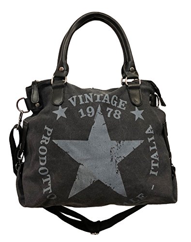 JameStyle26 Star Bag Vintage Stern Damen Stamp Tasche Fashion Shopper Henkeltasche Canvas Stoff, Schwarz, Maße: L: 45cm H: 42cm B: 18cm von JameStyle26