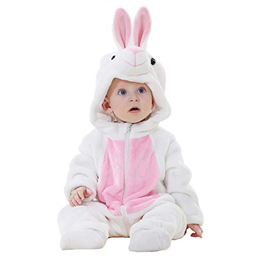 Kinder Tiger Tier Hase Kostüme Flanell Pyjama Schlafanzug Mädchen Jungen Winter Nachtwäsche Tieroutfit Cosplay Jumpsuit (Häschen, Größe 80 (Körpergröße 69-78cm)) von JameStyle26