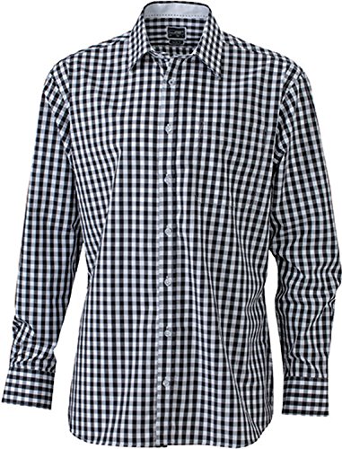 JN617 Langarm Popeline-Hemd Oberhemd Herrenhemd bügelleicht kariert, Größe:3XL;Farbe:Black-White von James & Nicholson
