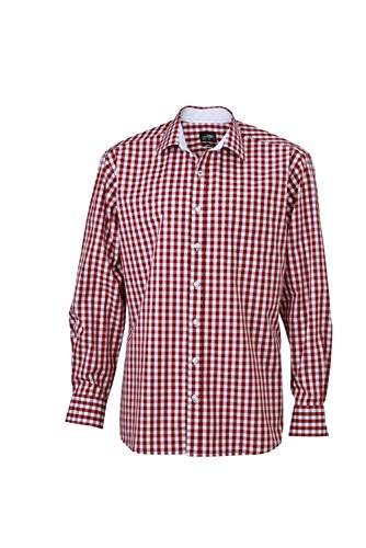 JN617 Langarm Popeline-Hemd Oberhemd Herrenhemd bügelleicht kariert, Größe:XL;Farbe:bordeaux-white von James & Nicholson