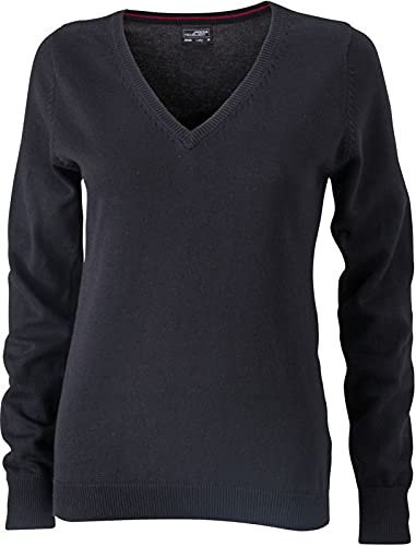 JN658 Damen Pullover V-Ausschnitt Baumwolle, Schwarz , S von James & Nicholson