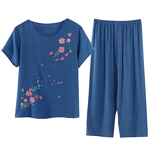 2-Teilige Lounge Set Damen Schlafanzug Kurzarm Rundhals Oberteile Mit Lange Hose Leinen Baumwolle Freizeitanzug Sommer Drucken Outfit Set Zweiteiler Pyjama Set Hausanzug Outlet Angebote Blau 3XL von Jamicy