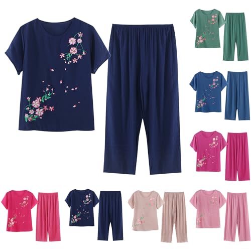 2-Teilige Lounge Set Damen Schlafanzug Kurzarm Rundhals Oberteile Mit Lange Hose Leinen Baumwolle Freizeitanzug Sommer Drucken Outfit Set Zweiteiler Pyjama Set Hausanzug Prime-Rabatte Marine 3XL von Jamicy