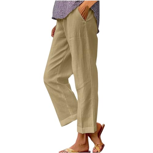 Hose Damen Sommer Freizeit Leinenhose Lang Locker Sommerhose Baumwolle Gerades Bein Leinenhose Casual Einfarbig Bequeme Stoffhose Leicht Strandhose mit Taschen Khaki M Hose Damen Sommer Freizeit Leinenhose Lang Locker Sommerhose Baumwolle Gerades Bein Leinenhose Casual Einfarbig Bequeme Stoffhose Leicht Strandhose mit Taschen Khaki M von Jamicy