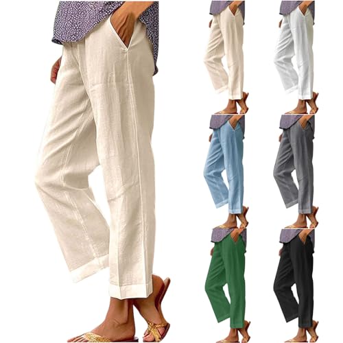 Hose Damen Sommer Freizeit Leinenhose Lang Locker Sommerhose Baumwolle Gerades Bein Leinenhose Casual Einfarbig Bequeme Stoffhose Leicht Strandhose mit Taschen Lightning Deals Khaki L von Jamicy