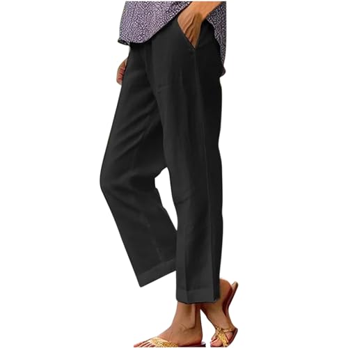Hose Damen Sommer Freizeit Leinenhose Lang Locker Sommerhose Baumwolle Gerades Bein Leinenhose Casual Einfarbig Bequeme Stoffhose Leicht Strandhose mit Taschen Lightning Deals Schwarz XL von Jamicy