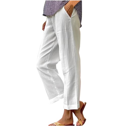 Hose Damen Sommer Freizeit Leinenhose Lang Locker Sommerhose Baumwolle Gerades Bein Leinenhose Casual Einfarbig Bequeme Stoffhose Leicht Strandhose mit Taschen Lightning Deals Weiß 3XL von Jamicy