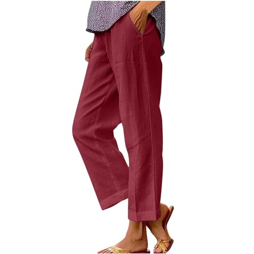 Hose Damen Sommer Freizeit Leinenhose Lang Locker Sommerhose Baumwolle Gerades Bein Leinenhose Casual Einfarbig Bequeme Stoffhose Leicht Strandhose mit Taschen of The Day Rot XL von Jamicy