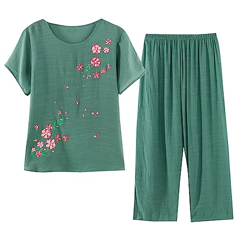 Jamicy 2-Teilige Lounge Set Damen Schlafanzug Kurzarm Rundhals Oberteile Mit Lange Hose Leinen Baumwolle Freizeitanzug Sommer Drucken Outfit Set Zweiteiler Pyjama Set Hausanzug Angebote Grün XL von Jamicy