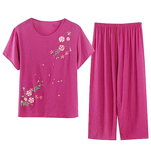 Jamicy 2-Teilige Lounge Set Damen Schlafanzug Kurzarm Rundhals Oberteile Mit Lange Hose Leinen Baumwolle Freizeitanzug Sommer Drucken Outfit Set Zweiteiler Pyjama Set Hausanzug Angebote Lila 3XL von Jamicy