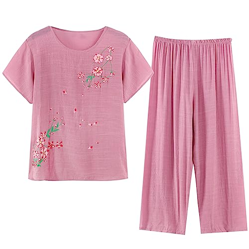 Jamicy 2-Teilige Lounge Set Damen Schlafanzug Kurzarm Rundhals Oberteile Mit Lange Hose Leinen Baumwolle Freizeitanzug Sommer Drucken Outfit Set Zweiteiler Pyjama Set Hausanzug Prime-Rabatte Rosa 3XL von Jamicy