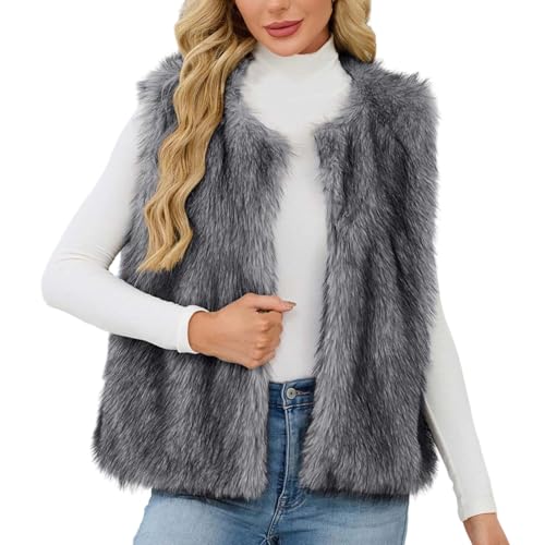 Jamicy Damen Pelzjacke Winter Ärmelloses Felljacke Kunstfell Fellmantel Flauschig Thermo Pelzmantel Mantel Elegant Kunstpelz Thermojacke Reverskragen Einfarbige Winterjacke Bekleidung Dunkelgrau M von Jamicy